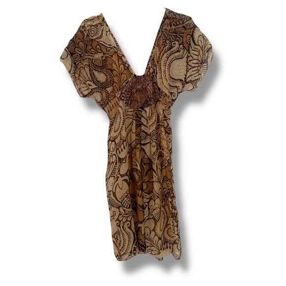 Alberta Ferretti Beaded Brown Print Silk Flutter Sleeve Boho Dress, Size 4 - Picture 3 of 8